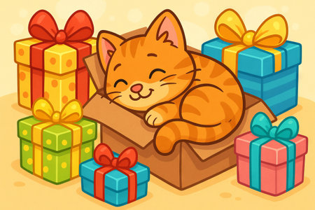 Cute kitten sleeping in a cardboard box surrounded by colorful gift boxes. concept of adorable pet, cozy rest, festive celebration.の写真素材