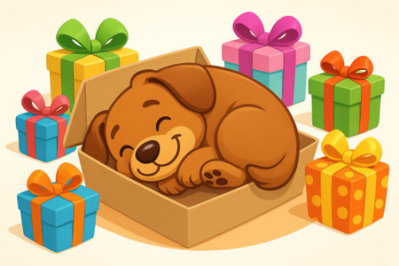 Adorable puppy nestled among vibrantly wrapped gifts in a cardboard box. concept of cute surprise, festive celebration, holiday joy.の写真素材