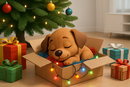 Cute puppy sleeping in a cardboard box surrounded by christmas gifts and decorations. concept of holiday spirit, adorable pet, christmas celebration.の写真素材