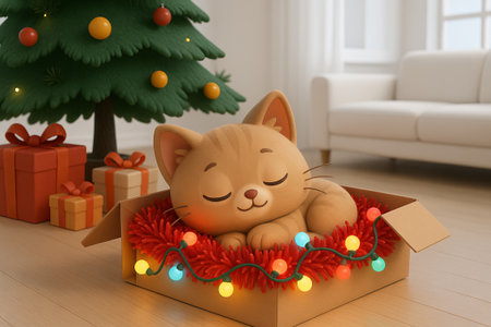 Cute kitten sleeping in christmas gift box next to decorated tree in cozy living room. concept of holiday spirit, adorable pet, festive celebration.の写真素材