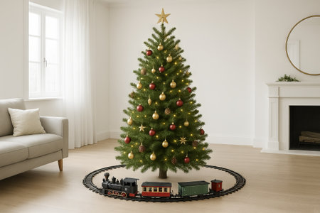 Christmas tree with train set around its base in cozy living room. concept of holiday decoration, festive atmosphere, traditional christmas setup.の写真素材