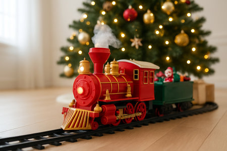 Festive christmas toy train under decorated tree with twinkling lights. concept of holiday cheer, playful tradition, childhood christmas memories.の写真素材