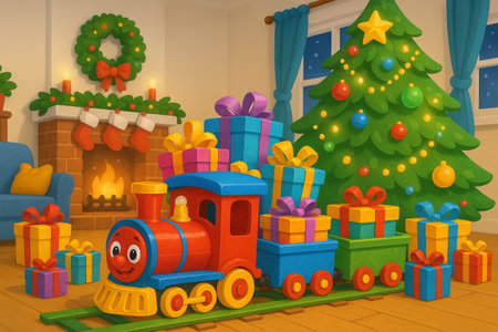 Colorful toy train with stacked gift boxes near decorated christmas tree and fireplace in cozy room. concept of festive holiday decor, joyful celebration, christmas magic.の写真素材