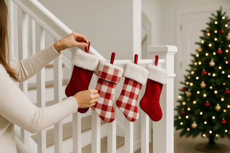 Woman hanging red plaid Christmas stockings on white staircase railing in cozy home interior with decorated fir tree. Concept of holiday home decor, Christmas traditions, festive preparation.の写真素材