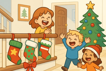 Children celebrating christmas with holiday stockings and decorated tree at home. concept of festive family fun, holiday spirit, christmas joy.の写真素材