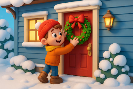 Cheerful cartoon winter scene with boy hanging christmas wreath on door surrounded by snowy house. concept of holiday decoration, festive tradition, winter joy.の写真素材