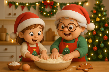 Grandmother and girl baking christmas cookies together in festive kitchen. concept of family tradition, holiday spirit, joyful cooking.の写真素材