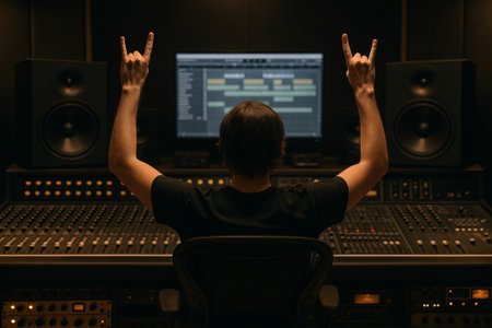 Sound engineer experiencing a rock moment in studio with large mixing console and monitors. concept of music production, audio engineering, creative sound mixing.の写真素材