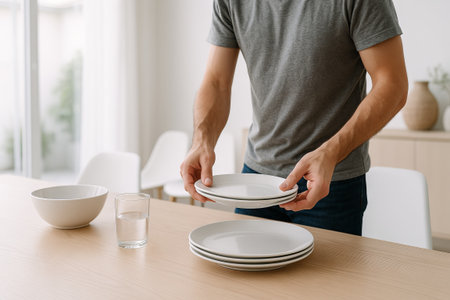 Man collecting dishes in dining room interior setting emphasizing domestic chores and cleanliness concept in modern home environment.の写真素材