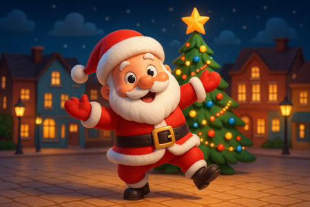 Santa dancing in town square at night with christmas tree illustration. concept of festive celebration, holiday joy, seasonal spirit.の写真素材