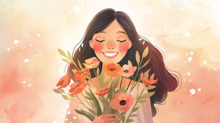 Watercolor illustration of a happy young woman holding a bouquet of vibrant flowers with a joyful smile and freckled face. concept of happiness, floral beauty, cheerful expression.の写真素材
