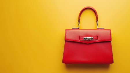Trendy fashion women's handbag on a soft yellow background, concept of style, elegance, accessories, modern fashion, copy space.の写真素材