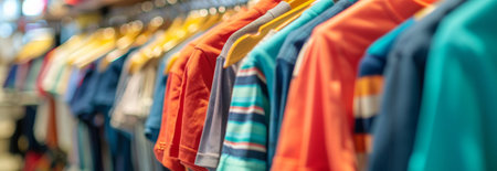 Neatly hung row of colorful shirts on wooden hangers in clothing store. concept of fashion, retail display, organized apparel, copy space , banner.の写真素材
