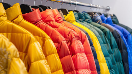 Colorful winter jackets on clothing rack in boutique store. concept of fashion, seasonal outerwear, clothing display, retail shopping, trendy style, coat collection, warmth.の写真素材