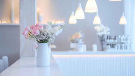 Elegant bridal salon interior with vase of pink roses and soft white lighting. concept of wedding decor, modern floral arrangement, romantic atmosphere.の写真素材