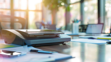 Modern office scanner on bright spacious desk with sunlight. concept of business technology, professional workspace, document management.の写真素材