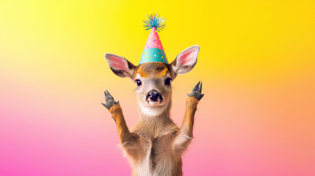 Playful young deer wearing a colorful party hat energetically celebrating with raised hooves against a vibrant gradient background. Concept of fun, joy, and festive spirit, funny animal.の写真素材