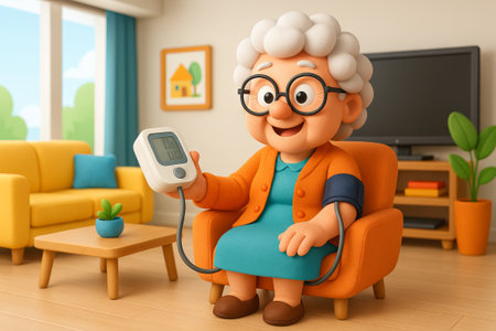 Elderly woman with blood pressure monitor in bright living room. concept of health, monitoring, elder care.の写真素材