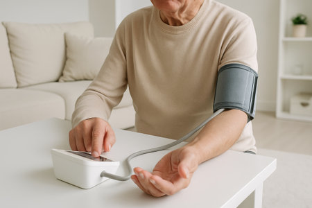 Elderly man taking blood pressure in living room setting with modern digital device. concept of...