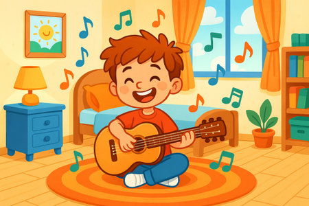 Happy boy playing guitar in a colorful room with musical notes around. concept of joyful music, childhood fun, indoor activity.の写真素材