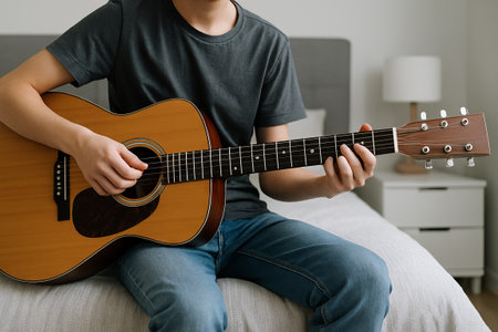 Young man playing acoustic guitar in bedroom setting. concept of musical learning, relaxation, creative expression.の写真素材