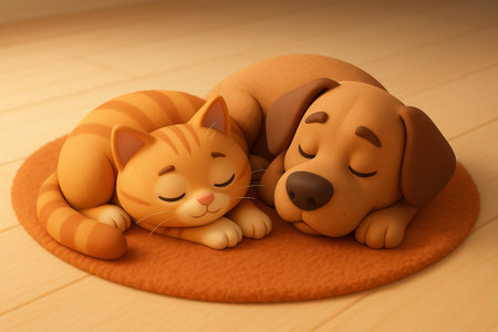 Adorable cat and dog sleeping together on cozy mat showing friendship concept illustration of animals relaxing.の写真素材