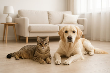 Cat and dog lying on wooden floor in cozy living room with sofa and warm light. concept of pet companionship, relaxation, comfortable home environment.の写真素材