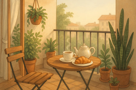 Cozy morning breakfast on balcony with coffee and croissant surrounded by lush potted plants. concept of peaceful start to the day, balcony relaxation, enjoying quiet morning.の写真素材