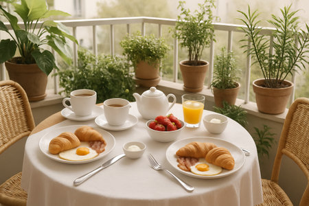 Breakfast on balcony with croissants, coffee, and fresh fruits in a simple comfortable setting....