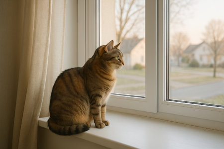 Tabby cat sitting on a windowsill and looking outside during a calm afternoon. concept of quiet contemplation, relaxed pet, indoor scene.の写真素材