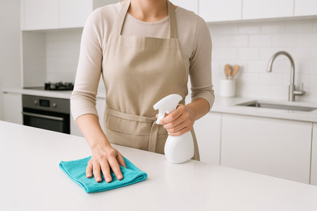 Woman cleaning a modern kitchen with spray bottle and cloth for hygiene and spotless surfaces. concept of housekeeping, cleanliness, domestic chores.の写真素材