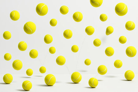 Bouncing tennis balls against white background highlighting motion and sports activity concept of tennis, motion, sports.の写真素材