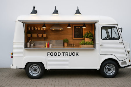 White food truck with open serving window displaying condiments and fresh greens in urban setting. concept of street food experience, mobile dining, culinary adventure.の写真素材