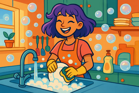 Joyful cartoon woman dishwashing in colorful kitchen with soap bubbles. concept of cheerful house chore, clean dish, playful home environment.の写真素材
