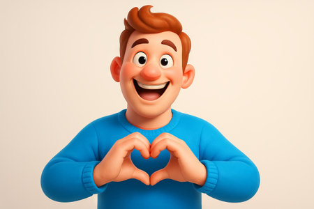 Happy caucasian man gesturing heart with hands in blue sweater concept of joy, kindness, positive expression, friendly gesture, cheerful communication.の写真素材