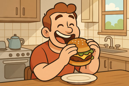 Cartoon man happily eating a burger in a kitchen with warm natural lighting from the window. concept of enjoyment, lunchtime meal, and cheerful mood.の写真素材