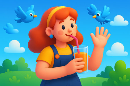 Cartoon girl drinking orange juice with straw and waving hand while standing outdoors with blue birds flying around. Concept of summer refreshment, cheerful childhood, nature fun.の写真素材