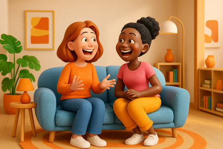 Two cartoon multicultural women talking and laughing while sitting on cozy sofa in stylish living room interior. Concept of friendship, home conversation, cheerful communication, happy lifestyle.の写真素材