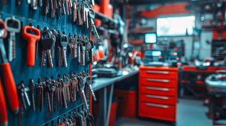 Minimalist organized key rack in locksmith workshop setting. concept of simplicity, order,...