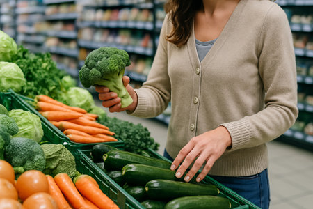 Woman shopping for fresh produce in grocery store holding broccoli close up on healthy vegetables. concept of healthy eating, vegetables, grocery shopping.の写真素材