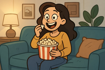 Cartoon woman eating popcorn while watching movie on TV and sitting on cozy sofa at home in the evening. Concept of relaxation, home entertainment, fun movie night.の写真素材