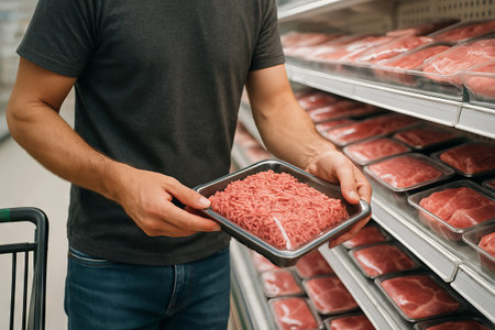 Man holding packaged meat in grocery store aisle with various selections. concept of shopping, food choice, grocery store visit, meal preparation.の写真素材