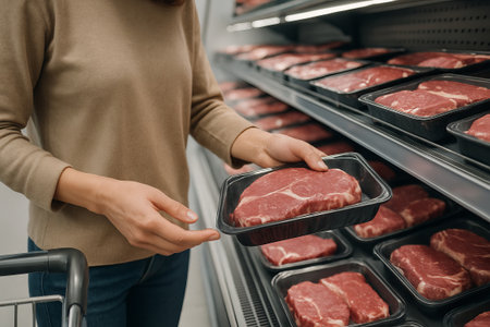 Woman shopping for fresh meat at supermarket, examining packaged steak in grocery aisle. concept of choosing quality food, grocery shopping, fresh ingredients.の写真素材