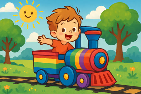 Happy child riding a colorful rainbow train in a sunny forest illustration. concept of joyful adventure, playful ride, imagination, childhood fun.の写真素材