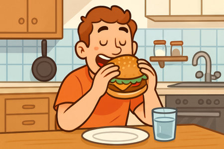 Cartoon man enjoying a burger meal at home kitchen table with a glass of water. concept of eating, casual dining, simple meal, relaxed home environment.の写真素材