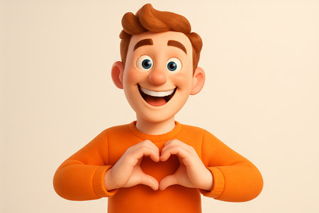 Caucasian young man making joyful heart gesture with hands and smiling in orange sweater against cream background. concept of happiness, positive emotion, friendly greeting.の写真素材