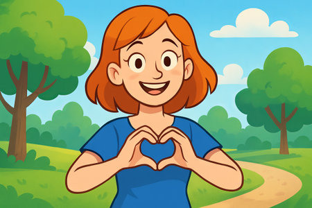 Cartoon woman making heart gesture in a sunny park surrounded by green trees and blue sky. concept of love, cheerfulness, and outdoor enjoyment.の写真素材