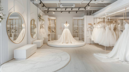 Elegant and modern wedding salon interior featuring minimalist design with luxurious bridal gowns. concept of bridal fashion, wedding dress display, elegant decor.の写真素材