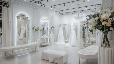 Bright and modern wedding salon interior design with minimalist decor and elegant bridal gowns on display, featuring luxurious white furniture and romantic floral arrangements.の写真素材