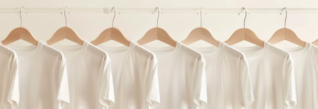 Row of neatly hung white t-shirts on wooden hangers displayed in a closet. concept of fashion organization, wardrobe arrangement, clothing neatness.の写真素材